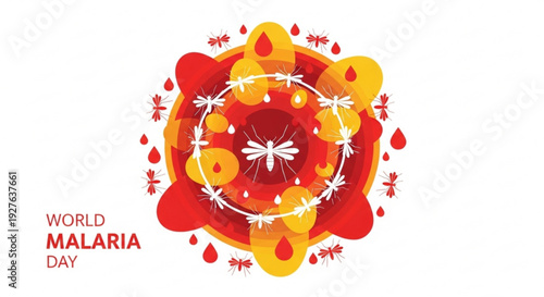 World malaria day awareness graphic with mosquito surrounded by red and yellow abstract shapes and blood drops on white background
