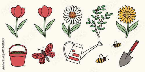A vibrant illustration of gardening tools and flowers in a delightful array Vector