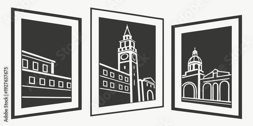 Three black and white framed pictures of iconic buildings on a white background Vector