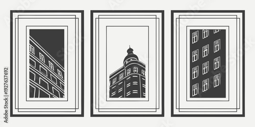 Three mobile phones displaying different architectural building designs. Vector