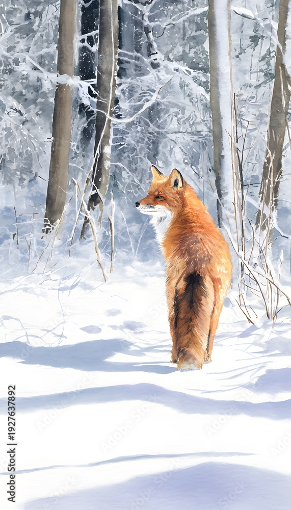 Fototapeta premium Red Fox Portrait Winter Landscape Watercolor Illustration Peaceful Wildlife Scene Serene Seasonal Beauty