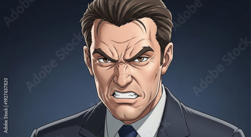 Intense portrait of a determined man with a stern expression, focused and resolute.