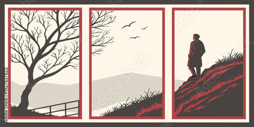 A serene landscape featuring a lone tree and a person overlooking a scenic view Vector