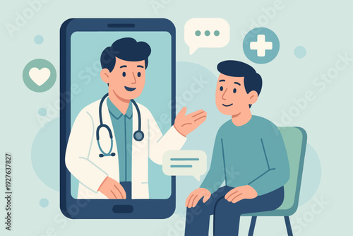Flat vector illustration of a doctor consulting a patient through a smartphone screen
