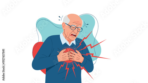 Elderly man suffers from a sudden sharp chest pain while clutching his heart area indicating a heart attack or medical emergency symptom.