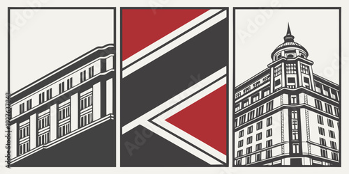 Three distinct architectural structures showcasing modern and traditional designs. Vector
