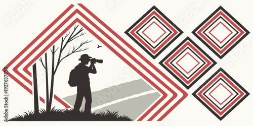 A person standing in front of a building with a red and white striped pattern Vector