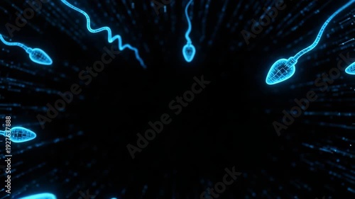 Glowing Sperm Cells Swimming In Dark Blue Space With Bokeh Effect In The Background For Science Medical Biotechnology Visualizations As Symbol Of Reproduction