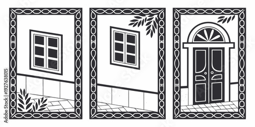 Three distinct architectural window designs showcased in a single image Vector