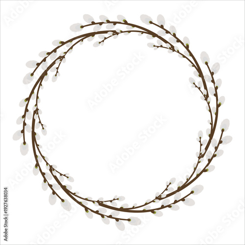 Spring wreath of willow branches. Round frame for Easter decoration, greeting card, invitation, sale, banner.