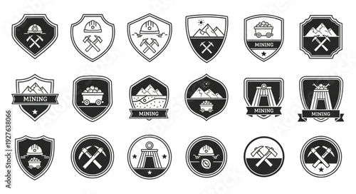 Collection of vintage mining badges and emblems in monochrome style.