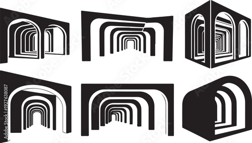 Black and white tunnel arches in various perspectives shown