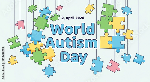 World autism day puzzle pieces hanging on strings with date april 2 2026