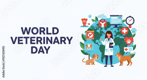 Veterinarian celebrates world veterinary day with pets and medical icons around globe