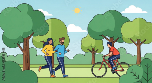 People jogging and cycling in a park on a sunny day with green trees and blue sky