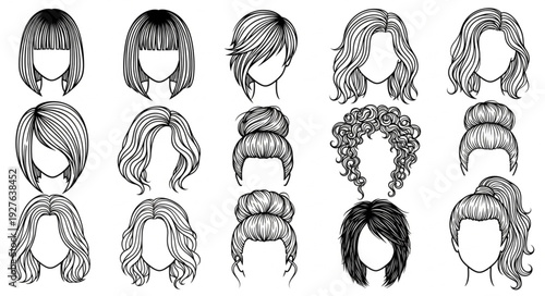 Collection of Diverse Hairstyles Illustrated in Black and White.