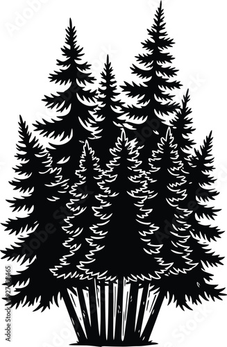 Dense Forest of Hand-Drawn Evergreen Tree Silhouettes