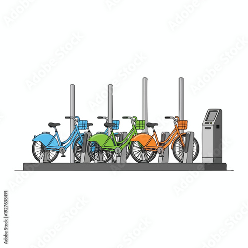 Modern Bicycle Rental Station with Electric Bikes for Urban Transport