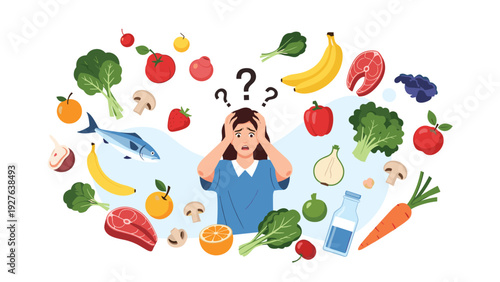 Confused woman looks at a variety of healthy food options like fruits and vegetables while holding her head with question marks above her.