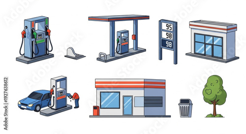 Gas station elements - pumps, canopy, sign, store, car, and tree in pixel art style.