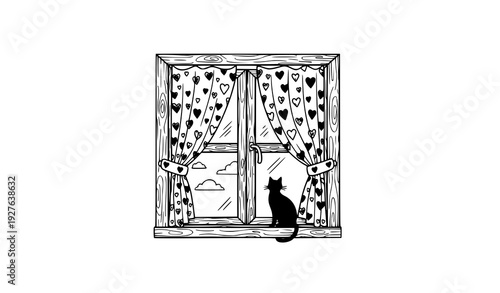 Cozy Home Window Doodle Sticker with Curtains and Cat Silhouette Vector Illustration Isolated on White Background