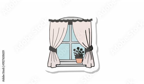 Cute Cozy Window Doodle Sticker with Curtains and Flower Pot Flat Cartoon Vector Isolated on White