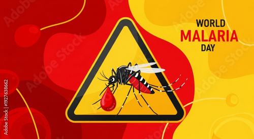 World malaria day warning sign with mosquito and blood drop on yellow background