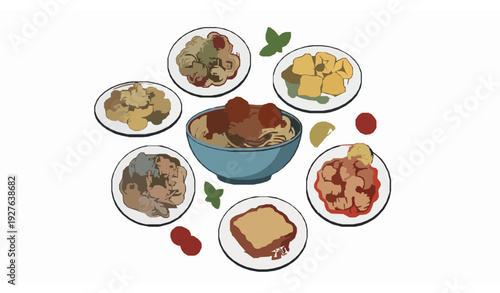 Flat Cartoon Italian Pasta Collection with Spaghetti Meatballs and Gnocchi Vector Illustration Isolated on White Background