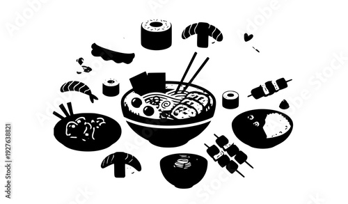 Colorful Asian Cuisine Doodle Flat Vector Set with Ramen Sushi and Bao Isolated on White Background