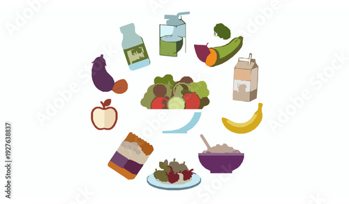 Healthy Food and Drink Flat Vector Clipart Set with Salad Smoothie Fruits and Vegetables Isolated on White Background