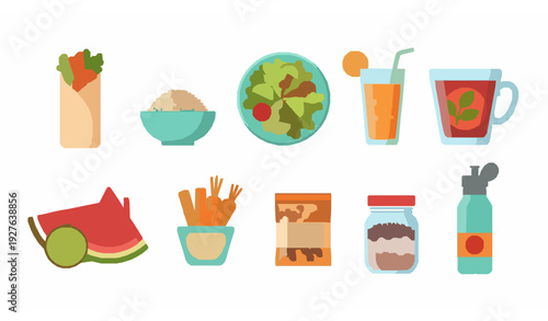 Healthy Meals and Snacks Flat Cartoon Vector Collection with Fresh Drinks and Vegetables Isolated on White