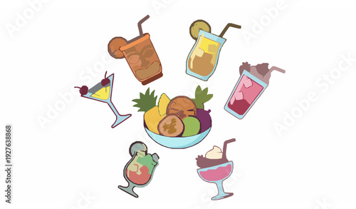 Tropical Cocktail and Fruit Drink Cartoon Vector Collection with Ice Cubes and Straws Isolated on White Background