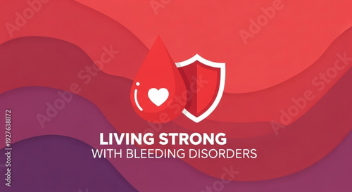 Living strong with bleeding disorders awareness ribbon and shield icon on red background