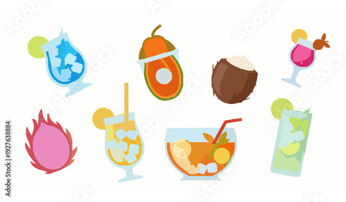 Cute Summer Tropical Drink Vector Clipart Set with Fruit Garnish Straws and Ice Flat Cartoon Collection