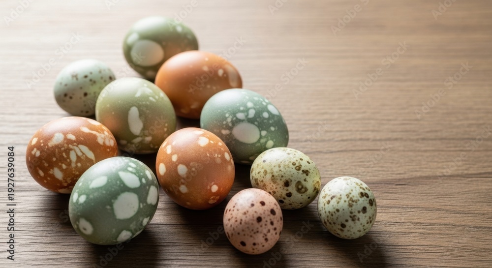 Obraz premium Easter Egg Display: A vibrant collection of uniquely speckled Easter eggs rest delicately on a smooth, wooden surface, showcasing the beauty and anticipation of the holiday.