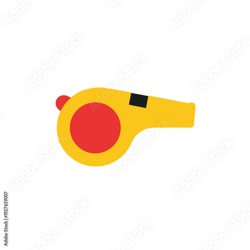 Yellow whistle with red ball and black details on white background.