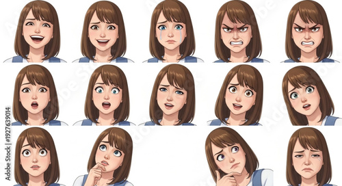 Various facial expressions of a young woman showcasing different emotions and feelings.