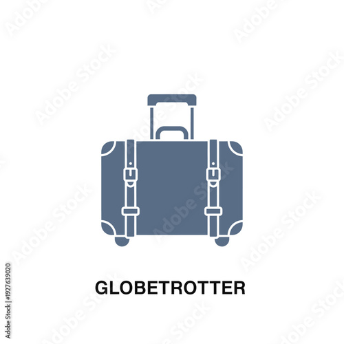 Stylish blue suitcase with the word Globetrotter below, travel concept.