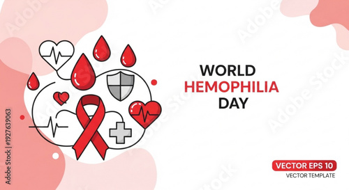 World hemophilia day awareness campaign with red ribbon hearts and medical symbols on white background