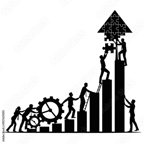 Teamwork and collaboration concept with people building a business graph together.