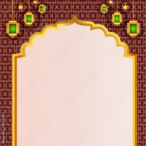 Luxury islamic arch transparent background with decorative ornament pattern and lanterns