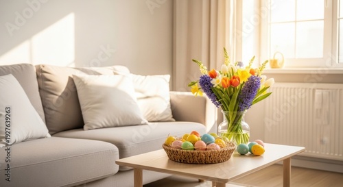 Cozy Easter: Bright and inviting shot of a home living room decorated with colorful flowers and Easter eggs.  The room has a sofa and table bathed in sunlight, evoking a feeling of spring and warmth.