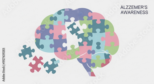 Alzheimer's awareness brain puzzle pieces coming together on white background