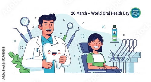 Dentist holding tooth with patient in dental chair world oral health day on march 20th dental care and hygiene concept