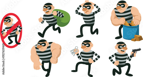 Cartoon burglar character set featuring masked thief with sack, keys, weapon, strong arms and warning symbol, crime concept vector illustration collection
