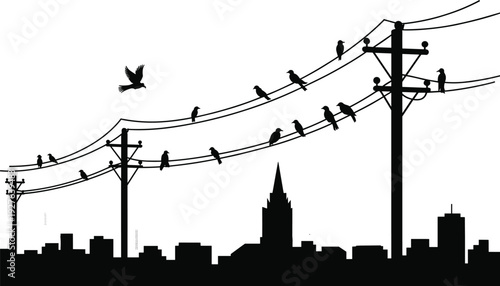Birds perched on power lines above city skyline silhouette, urban wildlife scene with flying bird, vector illustration of electricity and nature contrast