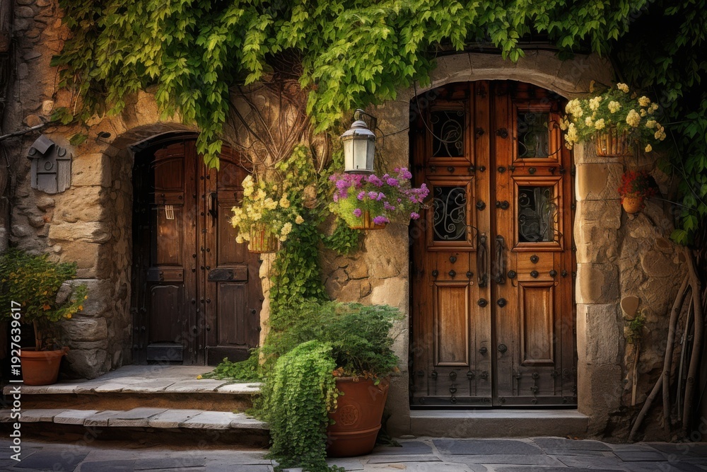 Obraz premium Rustic wooden door on old stone wall surrounded by lush ivy and vibrant flowers creates a cozy atmosphere for any outdoor setting