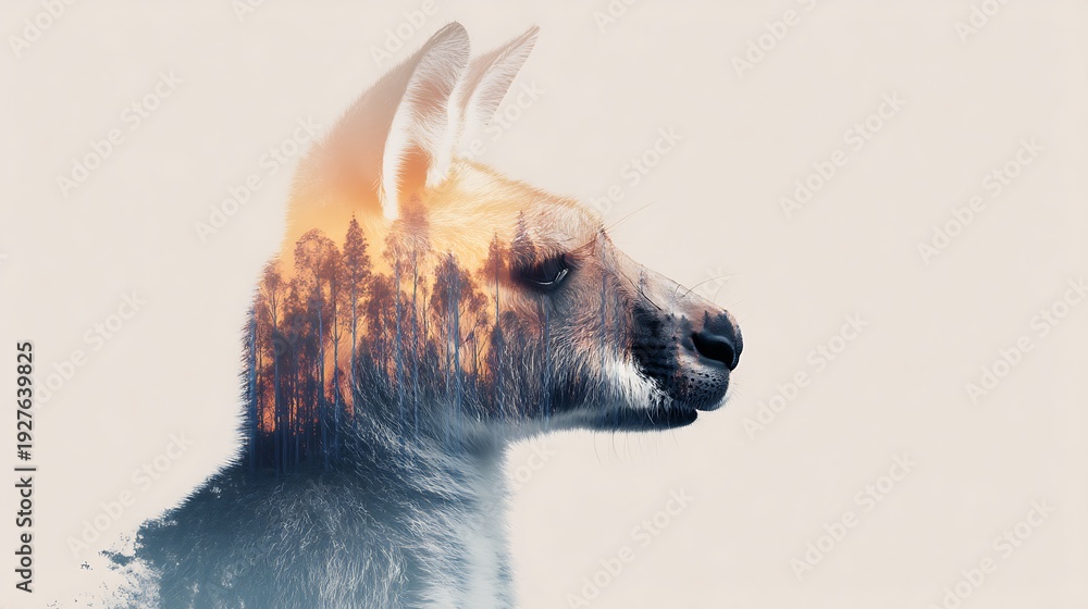 Fototapeta premium A double exposure image blending a llama's profile with a forest scene at sunset, combining nature and wildlife in an artistic composition.