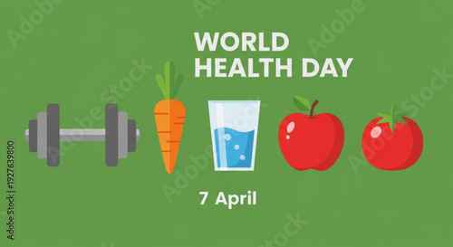 World health day icons with dumbbell carrot water glass and apples on green background promoting healthy lifestyle and wellness on april 7th