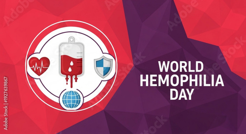 World hemophilia day awareness campaign with blood donation theme and health symbols on red background